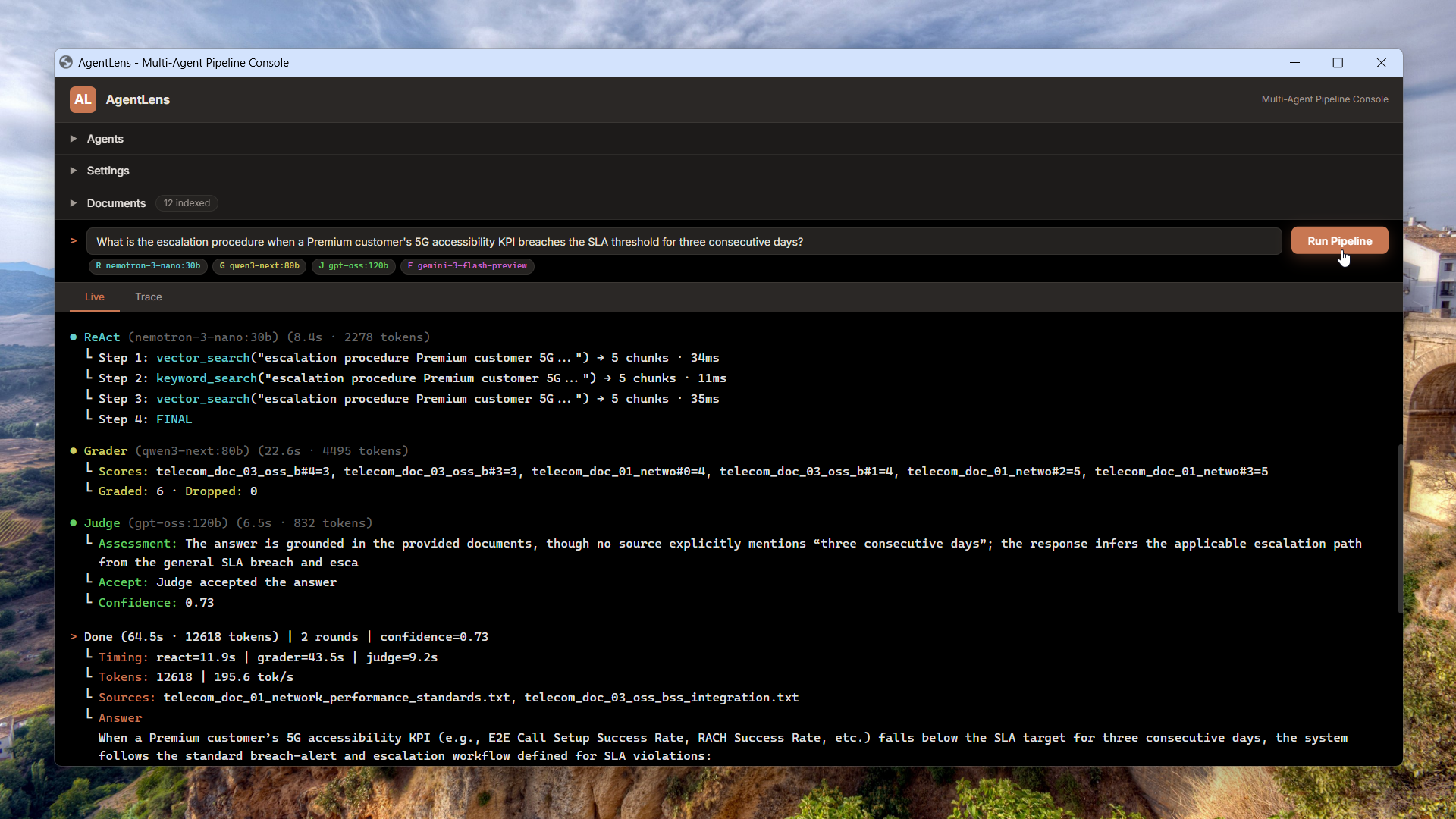AgentLens pipeline console
